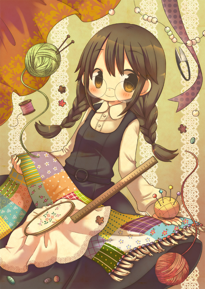 1girl, beads, braid, brown_eyes, brown_hair, buttons, coaster, collared_shirt
