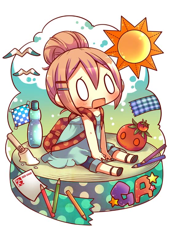 0_0, 1girl, arms_between_legs, backpack, bag, bottle, capri_pants, chibi