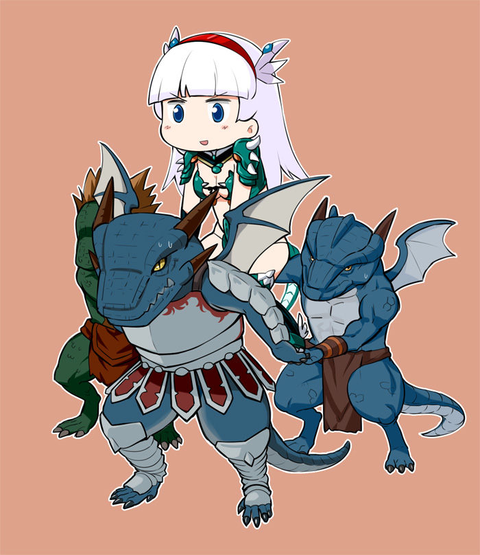 >:d, 1girl, :d, armor, bikini_armor, blue_eyes, breasts, carrying, chibi, cleavage, dragon_tail, dragon_wings, drania_(sennen_sensou_aigis), gadoras_(sennen_sensou_aigis), hair_ornament, hairband, long_hair, lucille_(sennen_sensou_aigis), open_mouth, pink_background, sakumo_(karatama), sennen_sensou_aigis, smile, sweat, tail, v-shaped_eyebrows, white_hair, wings