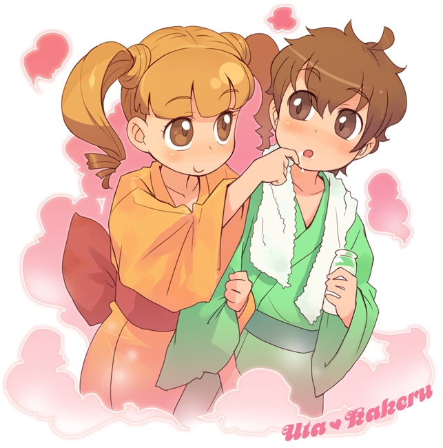 00s, 1boy, 1girl, japanese_clothes, kimono, kogure_kakeru, minawa, my_melody_(series)