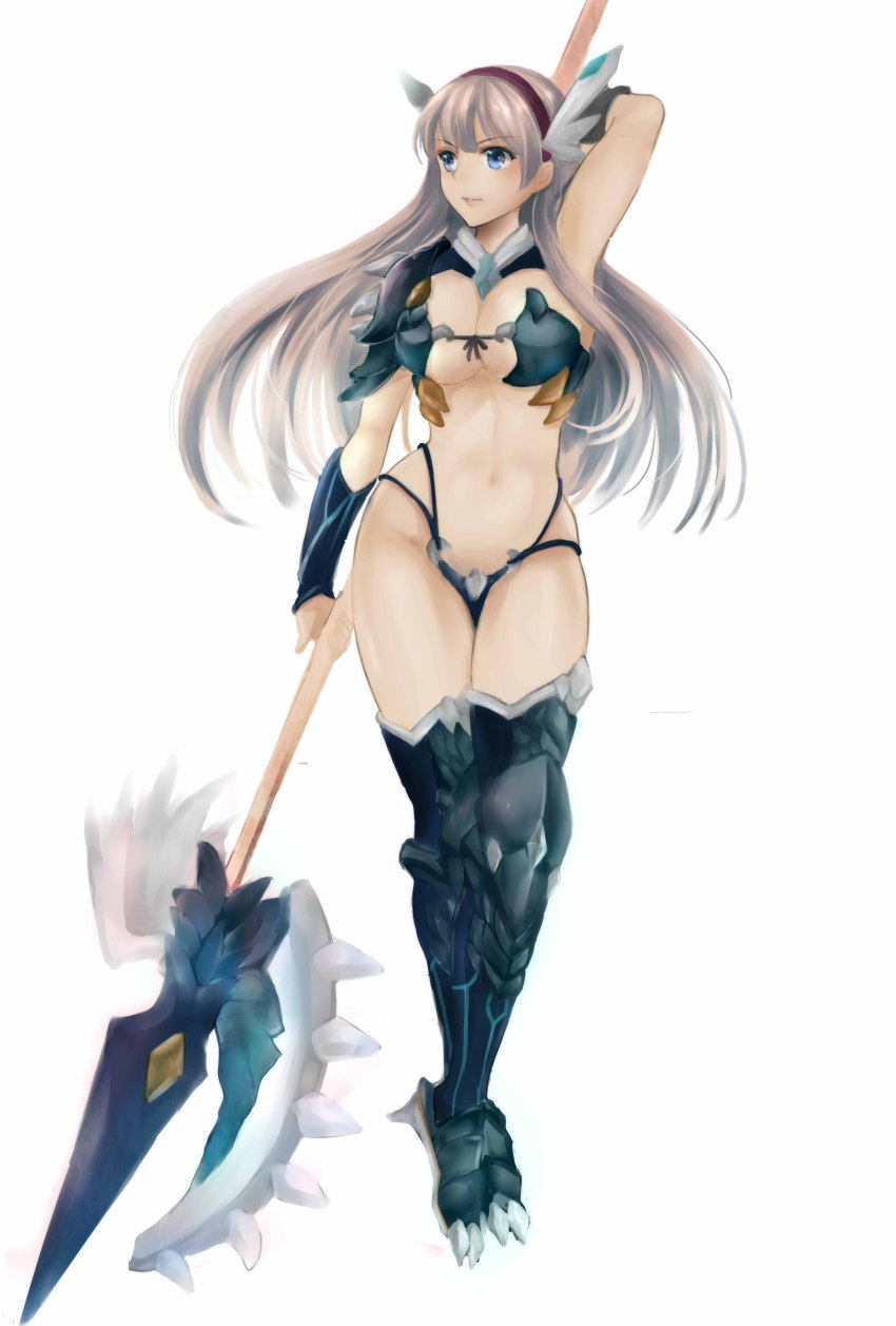 1girl, absurdres, ajipontarou, armor, armored_boots, arms_behind_head, bikini, bikini_armor, blue_eyes, boots, breasts, cleavage, curvy, female_focus, full_body, hair_ornament, headband, highres, large_breasts, long_hair, looking_away, lucille_(sennen_sensou_aigis), navel, polearm, sennen_sensou_aigis, solo, standing, stomach, swimsuit, thick_thighs, thighs, vambraces, weapon, white_background, wide_hips