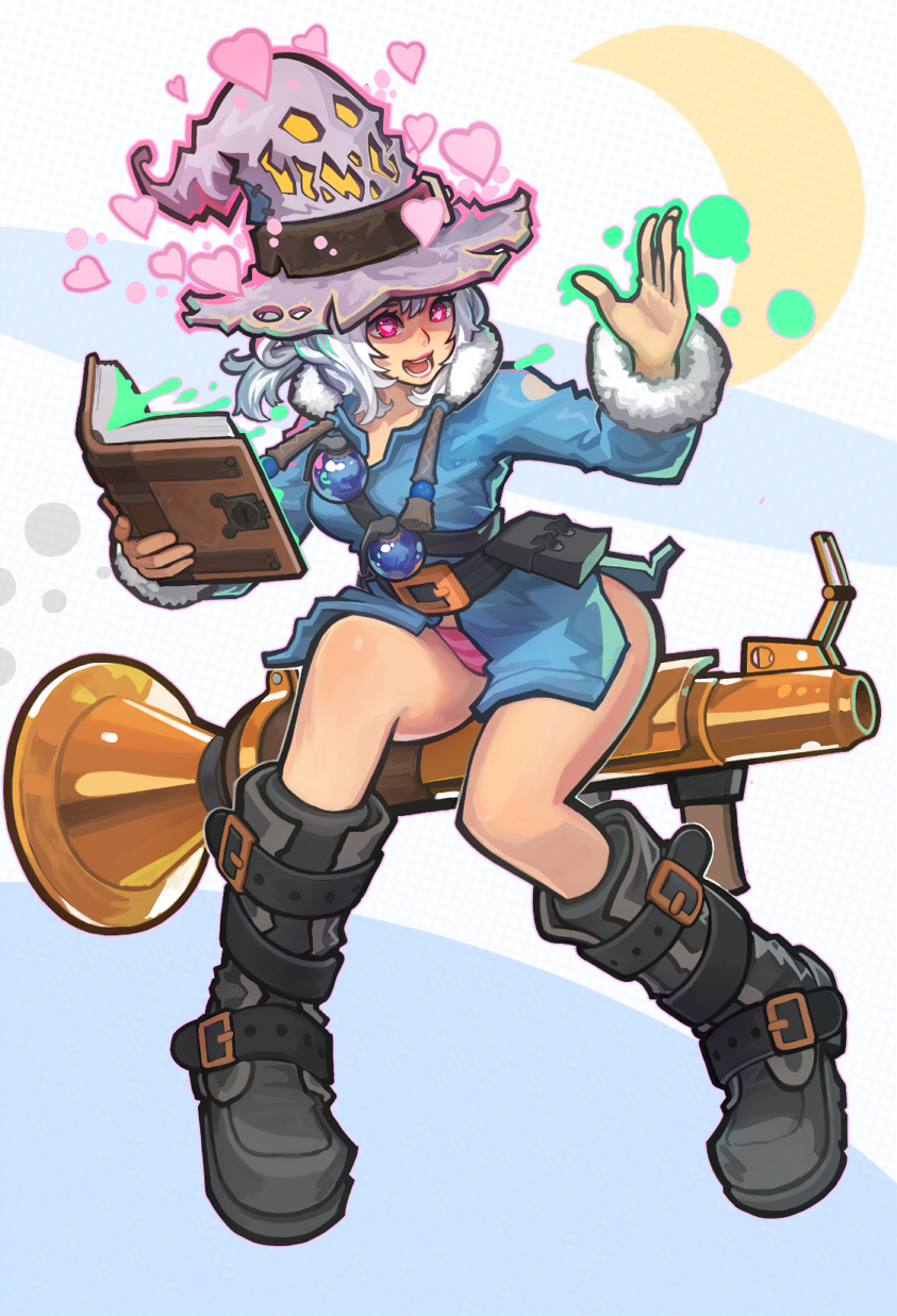 1girl, bauble, belt, blu_soldier_(tf2), book, boots, cloud_9, crescent_moon, female_focus, gender_request, genderswap, hat, heart, heart-shaped_pupils, highres, moon, no_pants, open_mouth, panties, pink_eyes, pink_panties, rocket_launcher, sitting, soldier_(tf2), solo, striped_clothes, striped_panties, symbol-shaped_pupils, team_fortress_2, underwear, unusual_effect, wahae, weapon, white_hair, witch_hat