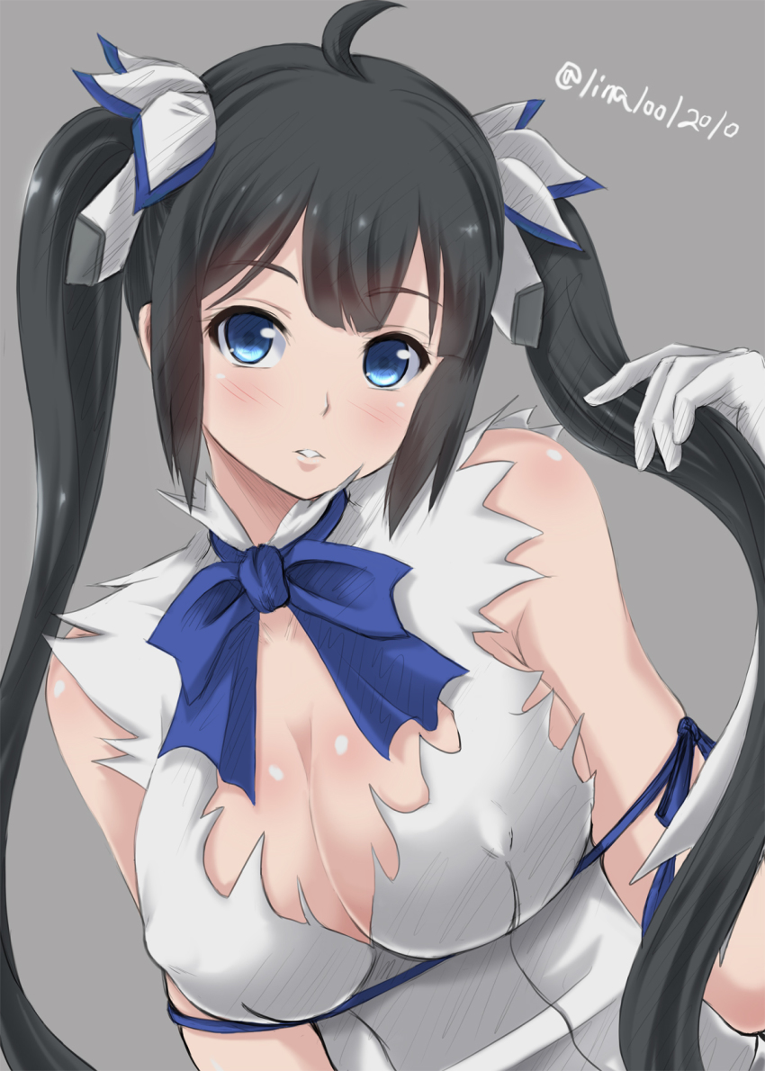 10s, 1girl, bare_shoulders, black_hair, blue_eyes, blush, breasts, cleavage