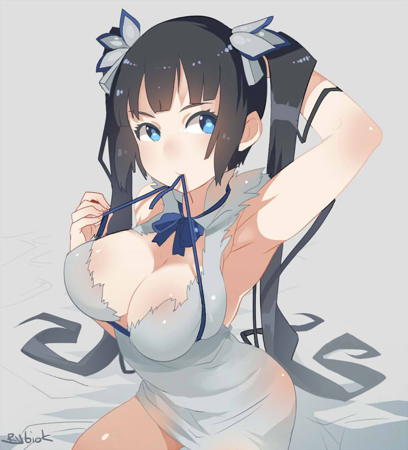 10s, 1girl, arm_ribbon, black_hair, blue_eyes, breasts, cleavage, dress, dungeon_ni_deai_wo_motomeru_no_wa_machigatteiru_darou_ka, female_focus, hair_ornament, hestia_(danmachi), large_breasts, long_hair, rei_no_himo, ribbon, rybiok, solo, twintails