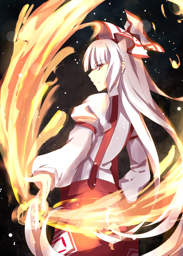 1girl, arm_garter, blunt_bangs, female_focus, fire, fujiwara_no_mokou, hair_ribbon, ice-light