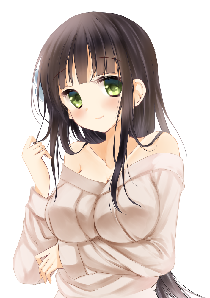 1girl, bad_id, bad_pixiv_id, bare_shoulders, black_hair, blush, breasts, cleavage