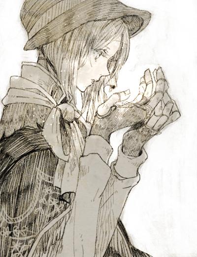 1girl, bad_id, bad_twitter_id, bloodborne, bonnet, cloak, doll_joints, female_focus