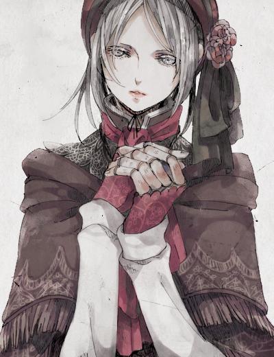 1girl, bad_id, bad_twitter_id, bloodborne, bonnet, cloak, doll_joints, female_focus, flower, fromsoftware, grey_eyes, joints, lips, long_hair, own_hands_clasped, own_hands_together, parted_lips, plain_doll, rose, silver_hair, solo, swept_bangs, tokio_(okt0w0), upper_body