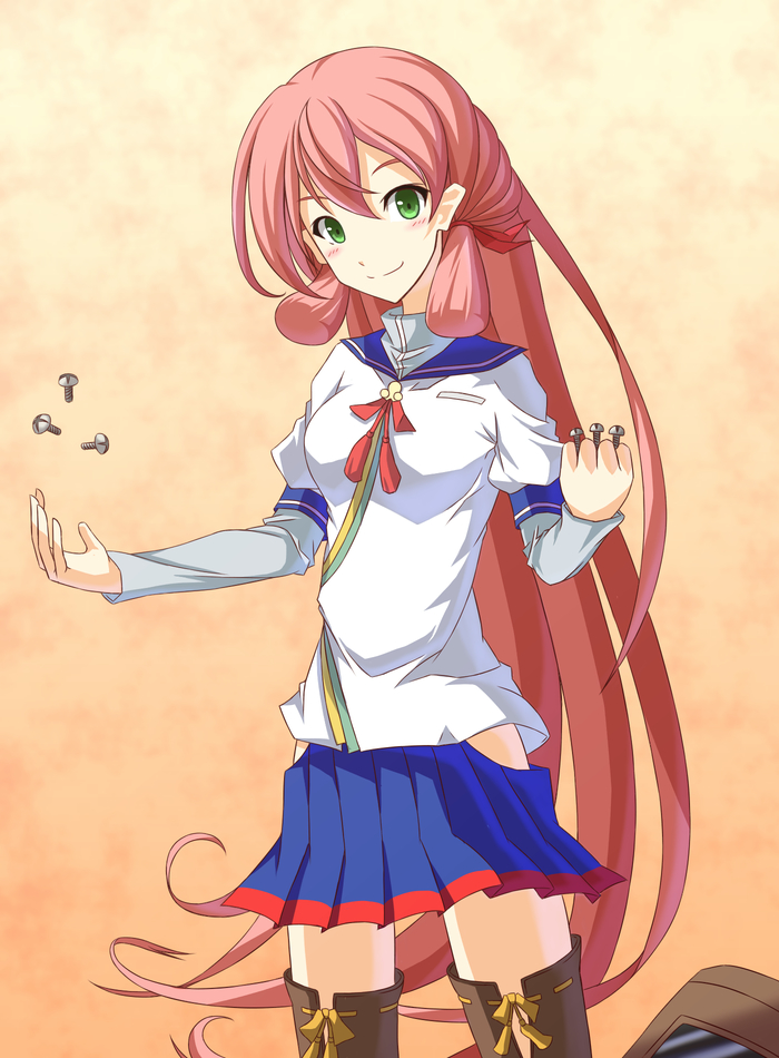 10s, 1girl, akashi_(kancolle), blush, clothing_cutout, female_focus, green_eyes, hair_ribbon, hip_vent, kantai_collection, long_hair, looking_at_viewer, pink_hair, q_kyokuchi, ribbon, school_uniform, serafuku, side_slit, skirt, smile, solo, thighhighs, tress_ribbon, twintails