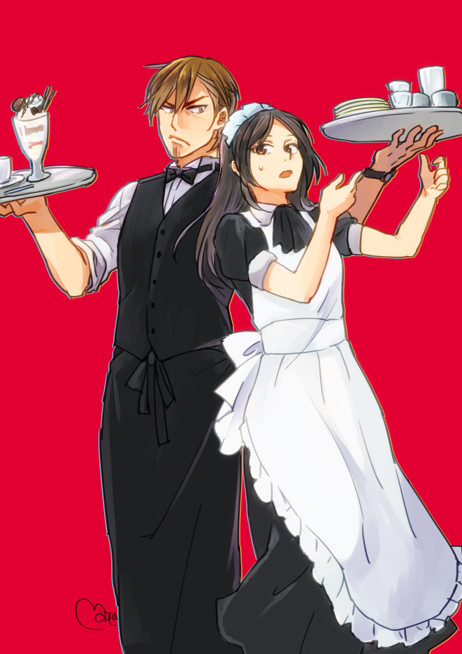 1boy, 1girl, ace_of_diamond, apron, black_hair, brown_hair, facial_hair, fujiwara_takako