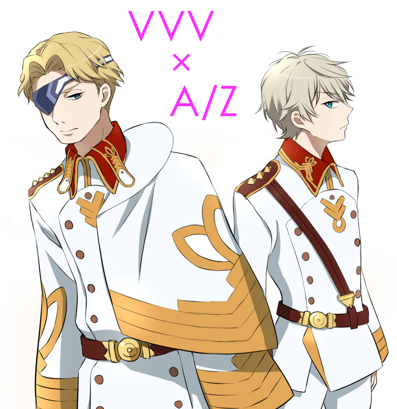 2boys, aldnoah.zero, aniplex, blonde_hair, blue_eyes, cain_dressel, cain_dressel_(cosplay), cape, company_connection, cosplay, cruhteo, eyepatch, kakumeiki_valvrave, l-elf, l-elf_(cosplay), military, military_uniform, multiple_boys, silver_hair, simple_background, slaine_troyard, unakura, white_background