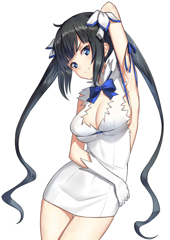 10s, 1girl, arm_ribbon, arm_up, armpits, black_hair, blue_eyes, blush