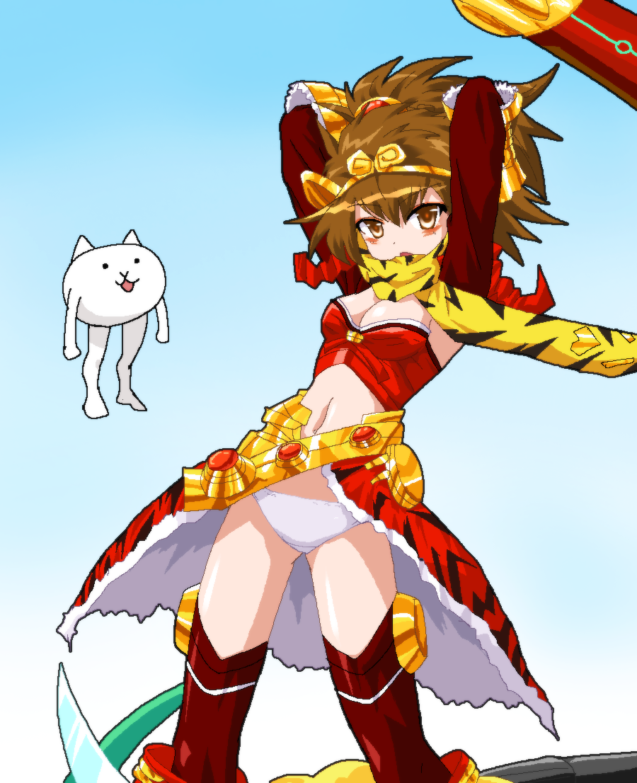 1girl, animal_print, arms_behind_head, belt, blush_stickers, boots, breasts, brown_eyes, brown_hair, cape, cat_(nyanko_daisensou), crop_top, diadem, dress, gauntlets, hayashiya_zankurou, kuu_(nyanko_daisensou), legs, midriff, nyanko_daisensou, panties, red_dress, scarf, serious, strapless, thighs, tiger_print, topknot, underwear, waist_cape, weapon, yellow_scarf
