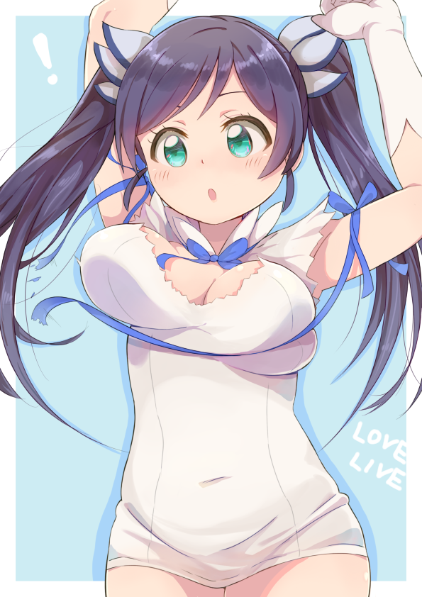 1girl, :o, alternate_hairstyle, bad_id, bad_pixiv_id, blue_ribbon, breasts, cosplay, covered_navel, dress, dungeon_ni_deai_wo_motomeru_no_wa_machigatteiru_darou_ka, female_focus, gloves, green_eyes, hestia_(danmachi), hestia_(danmachi)_(cosplay), k@ito90p, large_breasts, long_hair, love_live!, love_live!_school_idol_project, purple_hair, rei_no_himo, ribbon, skindentation, solo, tojo_nozomi, twintails, wardrobe_malfunction