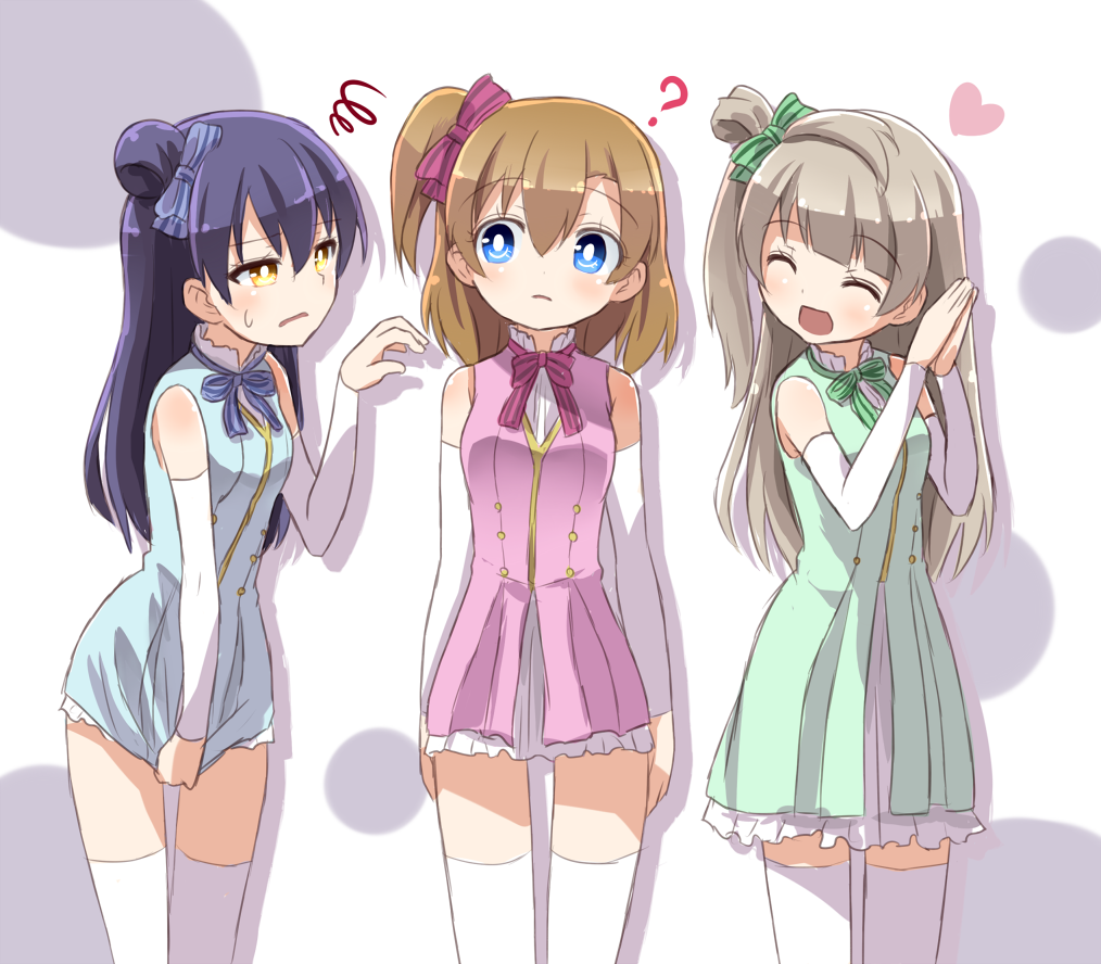 10s, 3girls, :d, ?, ^_^, arm_warmers, arms_at_sides, blue_dress, blue_eyes, blue_hair, blunt_bangs, brown_hair, closed_eyes, dress, dress_tug, green_dress, grey_hair, hair_bun, hair_ribbon, heart, kosaka_honoka, long_hair, love_live!, love_live!_school_idol_project, minami_kotori, multiple_girls, one_side_up, open_mouth, own_hands_clasped, own_hands_together, pink_dress, ribbon, shipii_(jigglypuff), single_hair_bun, smile, sonoda_umi, squiggle, standing, start:dash!!, sweat, thighhighs, white_legwear, yellow_eyes