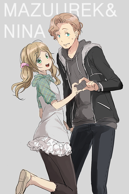 10s, 1boy, 1girl, four-finger_heart_hands, aldnoah.zero, blue_eyes, brown_hair, casual, heart, heart_hands, heart_hands_duo, hood, hoodie, kl_(dgzonbi), mazuurek, nina_klein