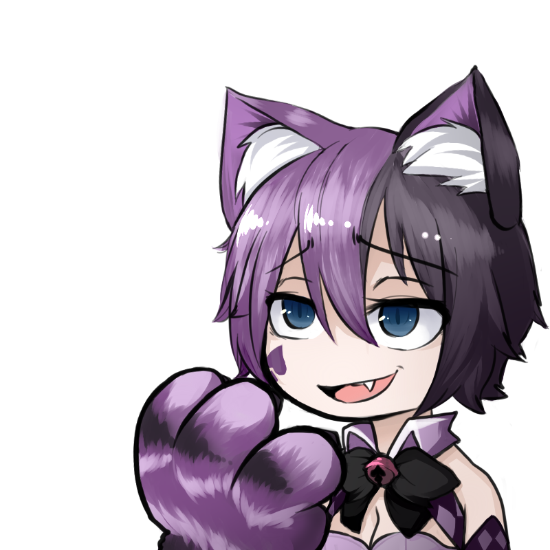 1girl, :d, animal_ears, animal_hands, bad_link, bad_tumblr_link, bell, black_hair, blue_eyes, bow, breasts, cat_ears, cat_paws, cheshire_cat_(monster_girl_encyclopedia), claws, cleavage, facial_mark, facial_tattoo, fang, female_focus, j.k., medium_breasts, monster_girl, monster_girl_encyclopedia, monster_girl_encyclopedia_ii, multicolored_hair, open_mouth, portrait, purple_hair, simple_background, slit_pupils, smile, solo, spade_(shape), spade_facial_mark, tattoo, white_background