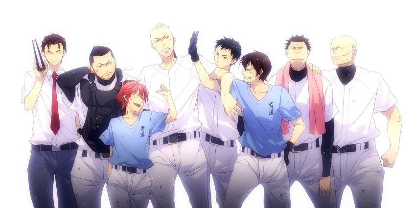 6+boys, ace_of_diamond, bad_id, bad_pixiv_id, bald, baseball_uniform, black_hair, gloves