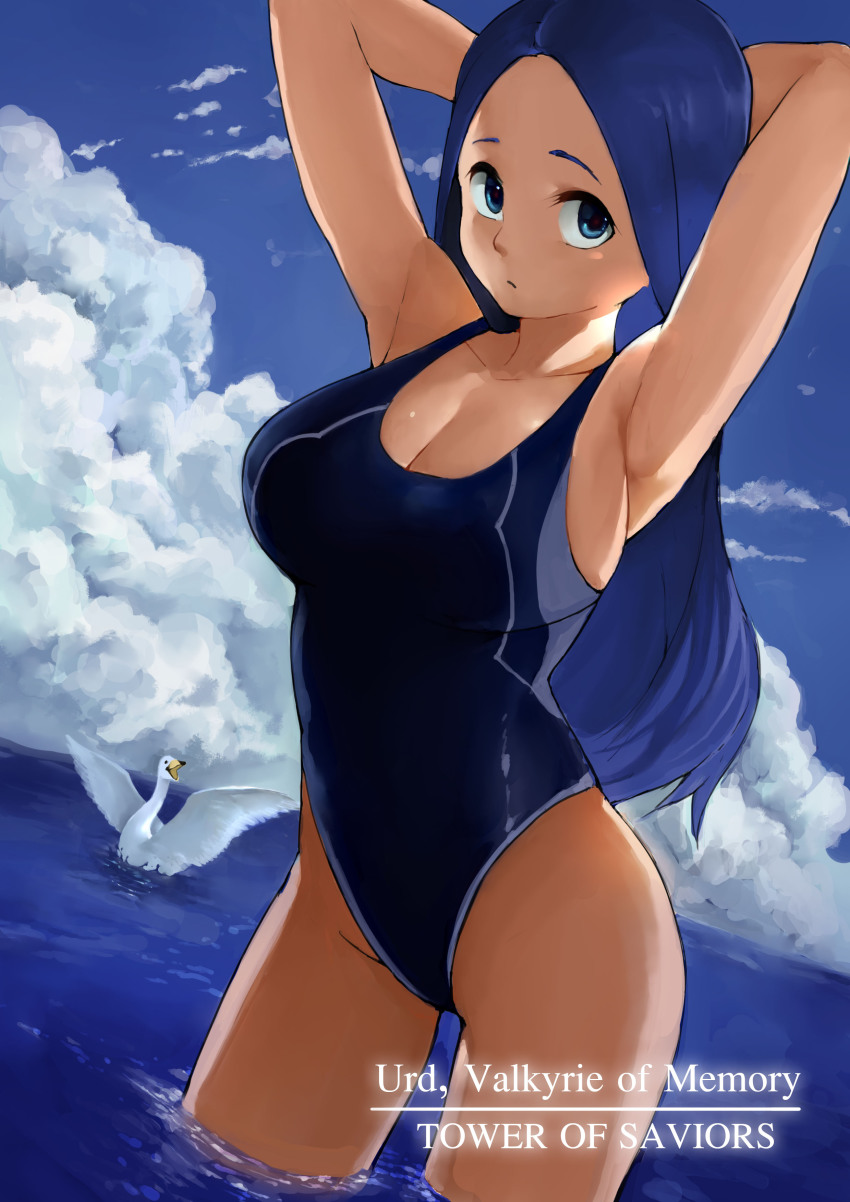 1235, 1girl, :/, absurdres, armpits, arms_behind_back, arms_up, bad_id
