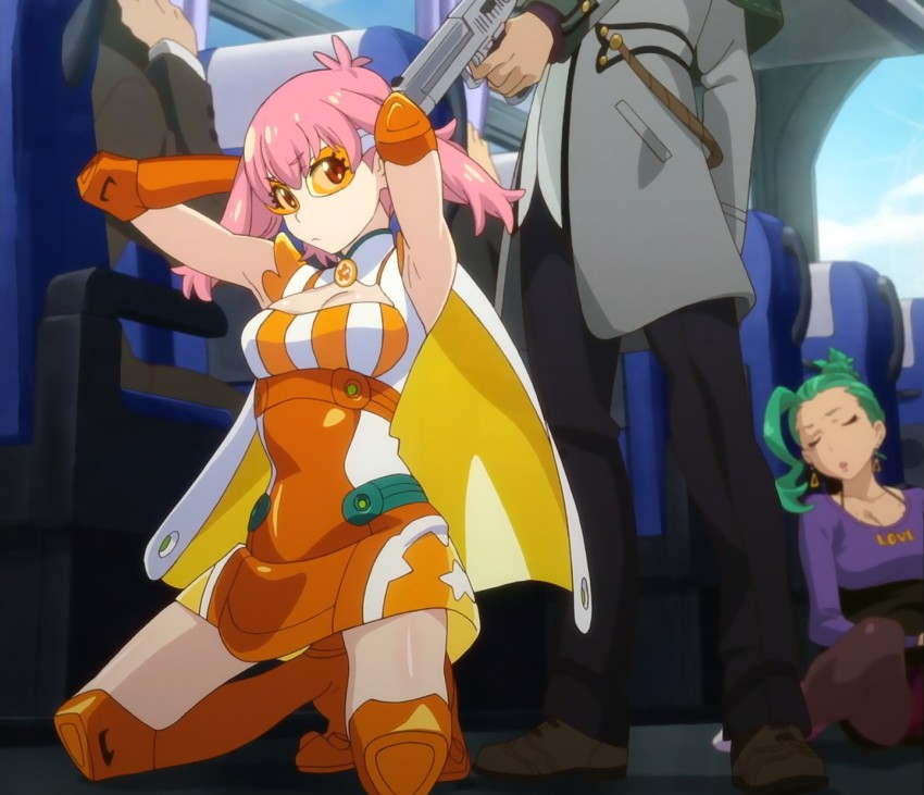 10s, 2girls, 3boys, anime_screenshot, armpits, arms_behind_head, at_gunpoint, boots, bracelet, breasts, cape, chichibu_rabura, cleavage, cleavage_cutout, closed_eyes, clothing_cutout, dress, earrings, elbow_gloves, gloves, green_hair, gun, head_out_of_frame, highres, holding, jacket, jewelry, knee_boots, kneeling, legs, long_sleeves, looking_back, magical_girl, multiple_boys, multiple_girls, narugino_mikatan, orange_boots, pants, pantyhose, pink_hair, punch_line, punchline, serious, shoes, short_hair, sitting, sleeveless, standing, strange_juice, striped, sunglasses, thigh_boots, thighhighs, visor, weapon