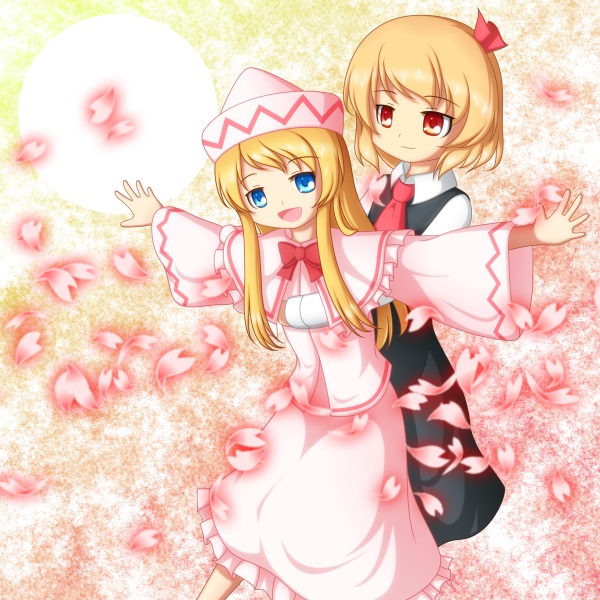 2girls, blonde_hair, blue_eyes, dress, frilled_skirt, frills, hair_ribbon, hug