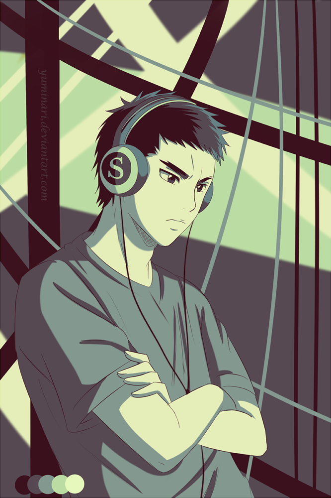 1boy, ace_of_diamond, artist_name, color_guide, crossed_arms, greyscale, headphones, looking_down