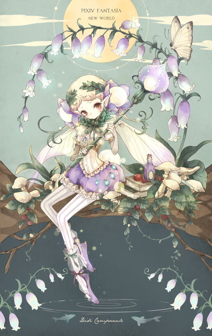 1girl, bellflower, branch, brown_eyes, bug, butterfly, fairy, female_focus, flower, head_wreath, insect, juliet_sleeves, light_brown_hair, long_sleeves, looking_at_viewer, mushroom, nail_polish, original, pantyhose, pixiv_fantasia, pixiv_fantasia_new_world, pointy_ears, puffy_shorts, puffy_sleeves, purple_nails, shindog, short_hair, shorts, sitting, socks_over_pantyhose, solo, staff, striped_clothes, striped_pantyhose, vertical-striped_clothes, vertical-striped_pantyhose, vial, wings