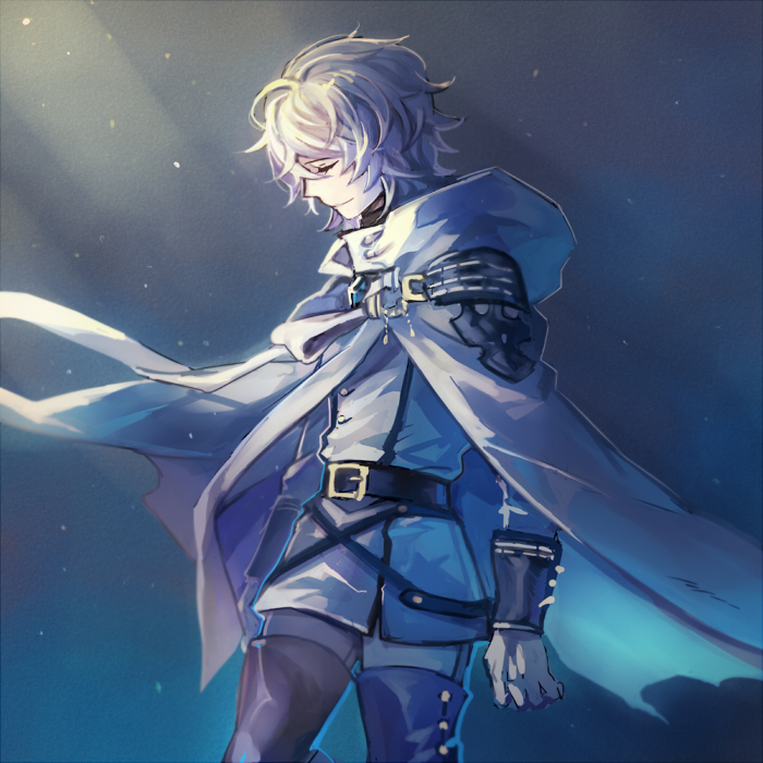 10s, 1boy, ahoge, belt, blonde_hair, boots, cloak, closed_eyes