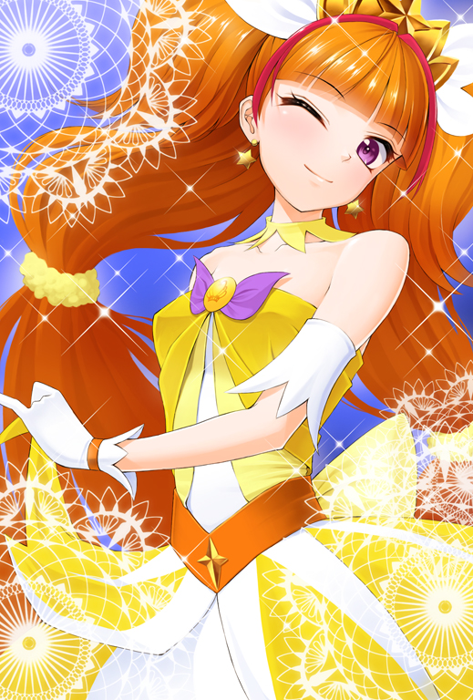 1girl, ;), amane_satsuki, amanogawa_kirara, bare_shoulders, brown_hair, choker, cure_twinkle