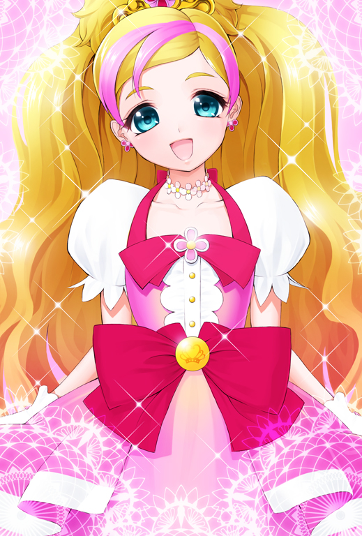 1girl, amane_satsuki, aqua_eyes, blonde_hair, bow, choker, cure_flora, cure_flora_(mode_elegant), earrings, female_focus, gloves, go!_princess_precure, haruno_haruka, jewelry, long_hair, magical_girl, multicolored_hair, open_mouth, pink_hair, precure, puffy_sleeves, skirt, smile, solo, streaked_hair, two-tone_hair, waist_bow
