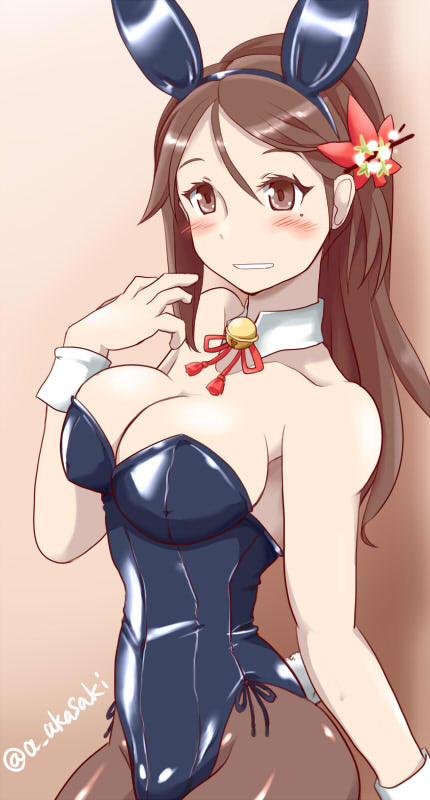 10s, 1girl, akai_akasaki, alternate_costume, amagi_(kancolle), animal_ears, bell, bow