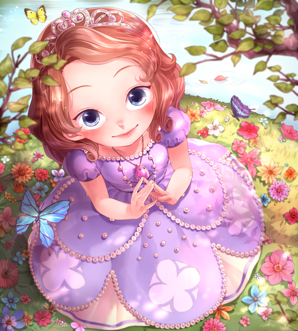 1girl, blue_eyes, blurry, blush, branch, brown_hair, bug, butterfly, child, depth_of_field, disney, dress, female_focus, flower, from_above, grass, insect, jewelry, looking_at_viewer, necklace, own_hands_together, rojiko, sofia_(disney), sofia_the_first, solo, tiara, water