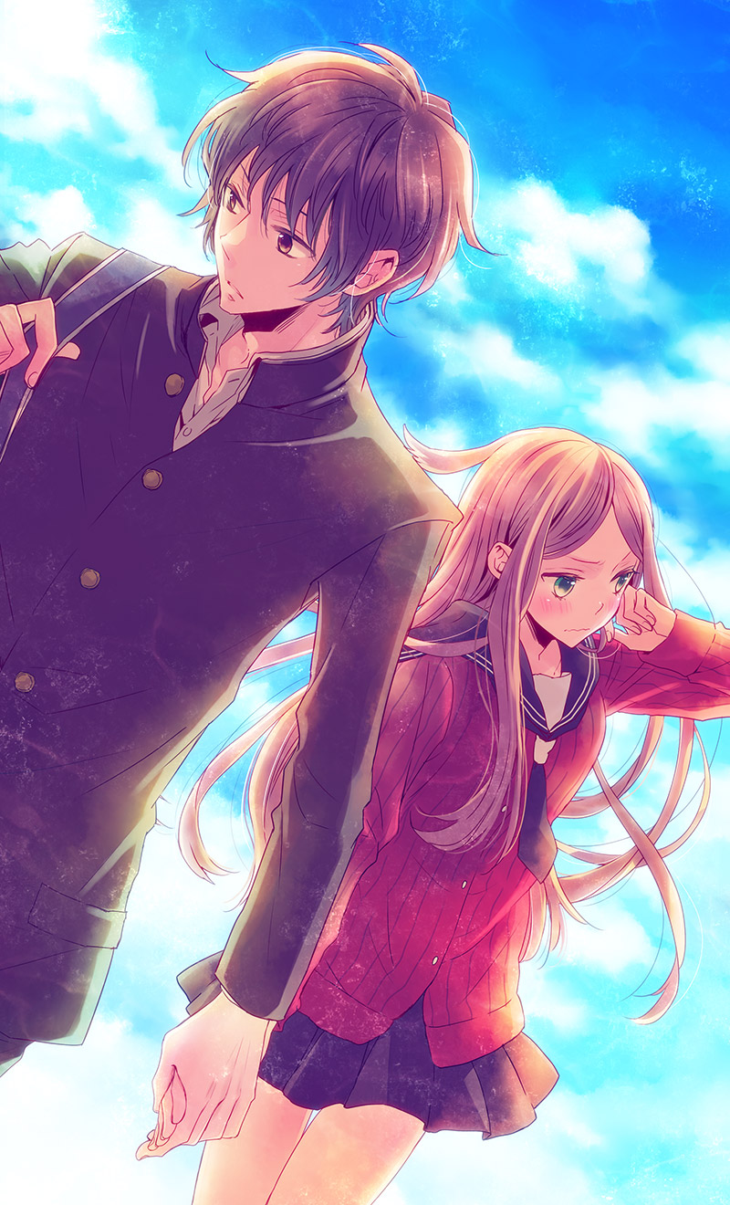 10s, 1boy, 1girl, blonde_hair, brown_hair, green_eyes, holding_hands, hetero