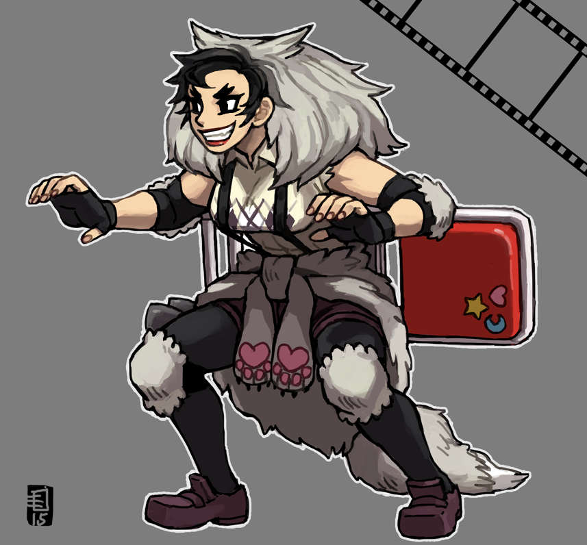 1girl, beowulf_(skullgirls), breasts, chair, elbow_pads, emlan, female_focus, fighting_stance