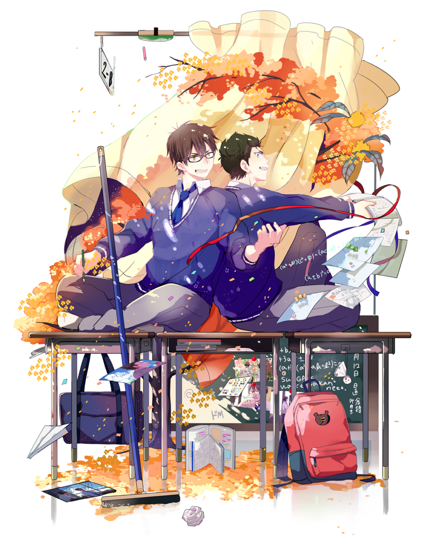 2boys, ace_of_diamond, back-to-back, bag, black_hair, brown_hair, candy, classroom