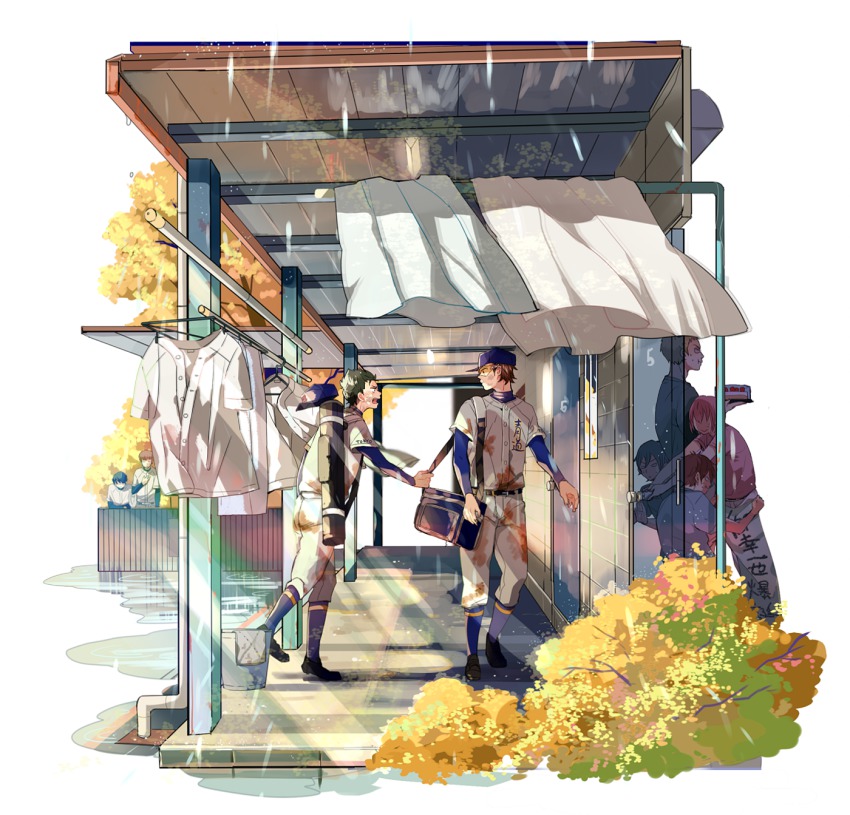 6+boys, ace_of_diamond, bag, baseball_uniform, birthday, black_hair, brown_hair, cake