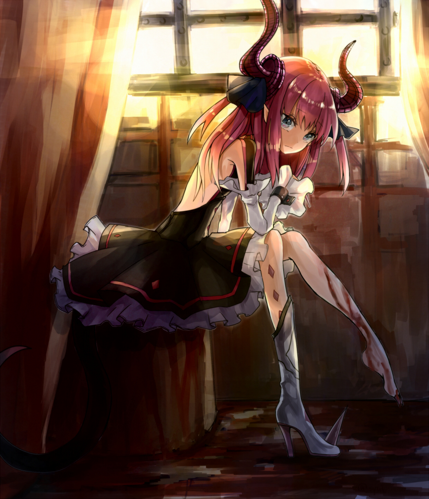 10s, 1girl, blood, blue_eyes, detached_sleeves, dress, elizabeth_bathory_(fate), elizabeth_bathory_(fate/extra), elizabeth_bathory_(first_ascension)_(fate), fate/extra, fate/extra_ccc, fate_(series), female_focus, highres, horns, long_hair, pink_hair, pointy_ears, shoes, single_shoe, sitting, solo, syukou, tail, two_side_up
