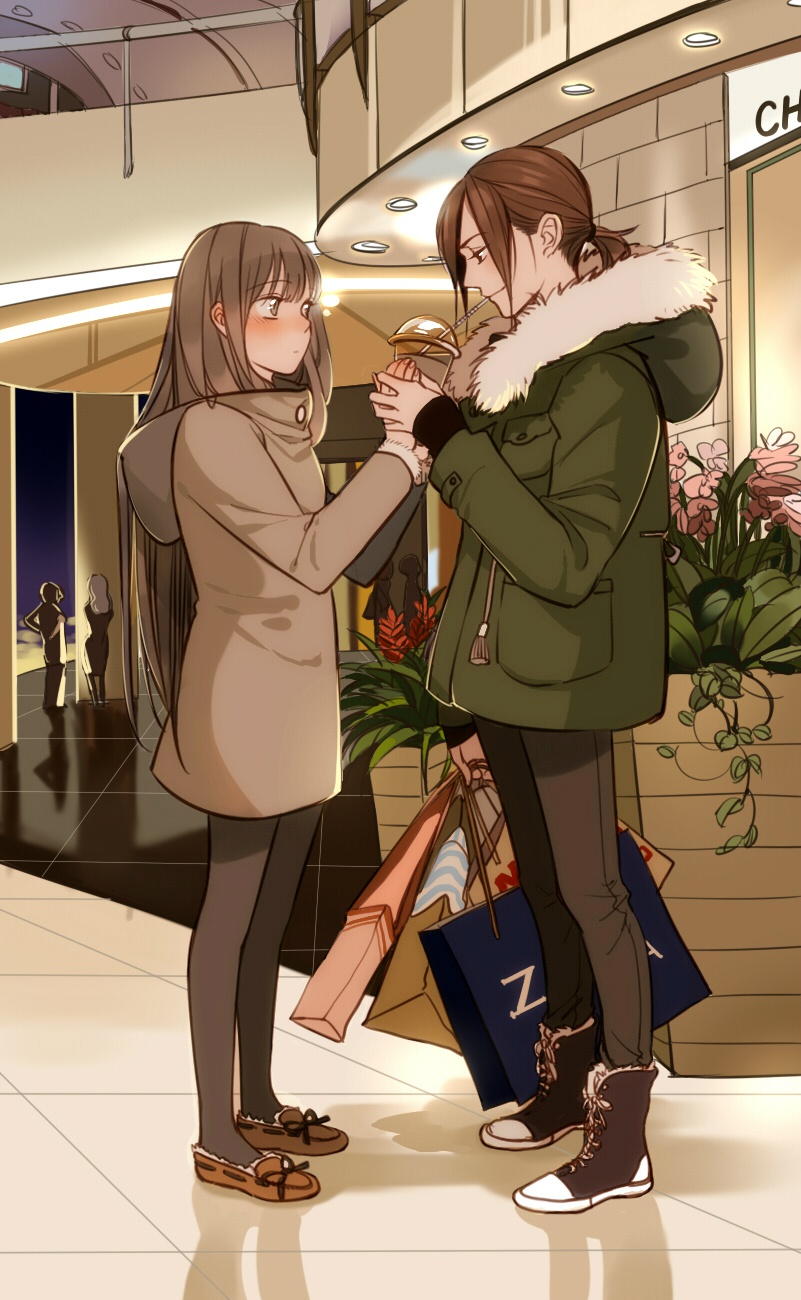 2girls, bag, blush, cup, drink, drinking, drinking_straw, food, fur_trim, highres, hood, hooded_jacket, indoors, jacket, long_hair, long_sleeves, magan_and_danai, multiple_girls, nikigo_nuno, original, own_hands_clasped, own_hands_together, pants, pantyhose, shopping_bag, short_hair, silhouette, slice_of_life, smile, yuri