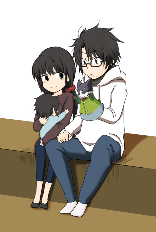 10s, akatsuki_(log_horizon), child, glasses, hand_puppet, if_they_mated, kiyuma_shidehi, log_horizon, long_hair, nyanta_(log_horizon), ponytail, puppet, shiroe_(log_horizon), short_hair