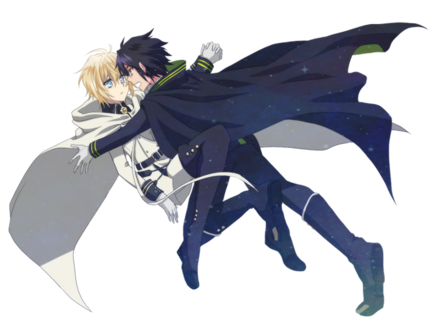 10s, 2boys, ahoge, black_hair, blonde_hair, boots, cloak, gloves