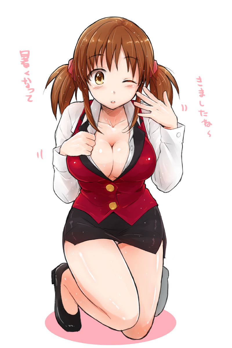 10s, 1girl, breasts, brown_eyes, brown_hair, cleavage, female_focus, highres, idolmaster, idolmaster_cinderella_girls, large_breasts, one_eye_closed, pencil_skirt, reco_(fortunequest), royale_style_(idolmaster), skirt, solo, totoki_airi, translation_request, twintails
