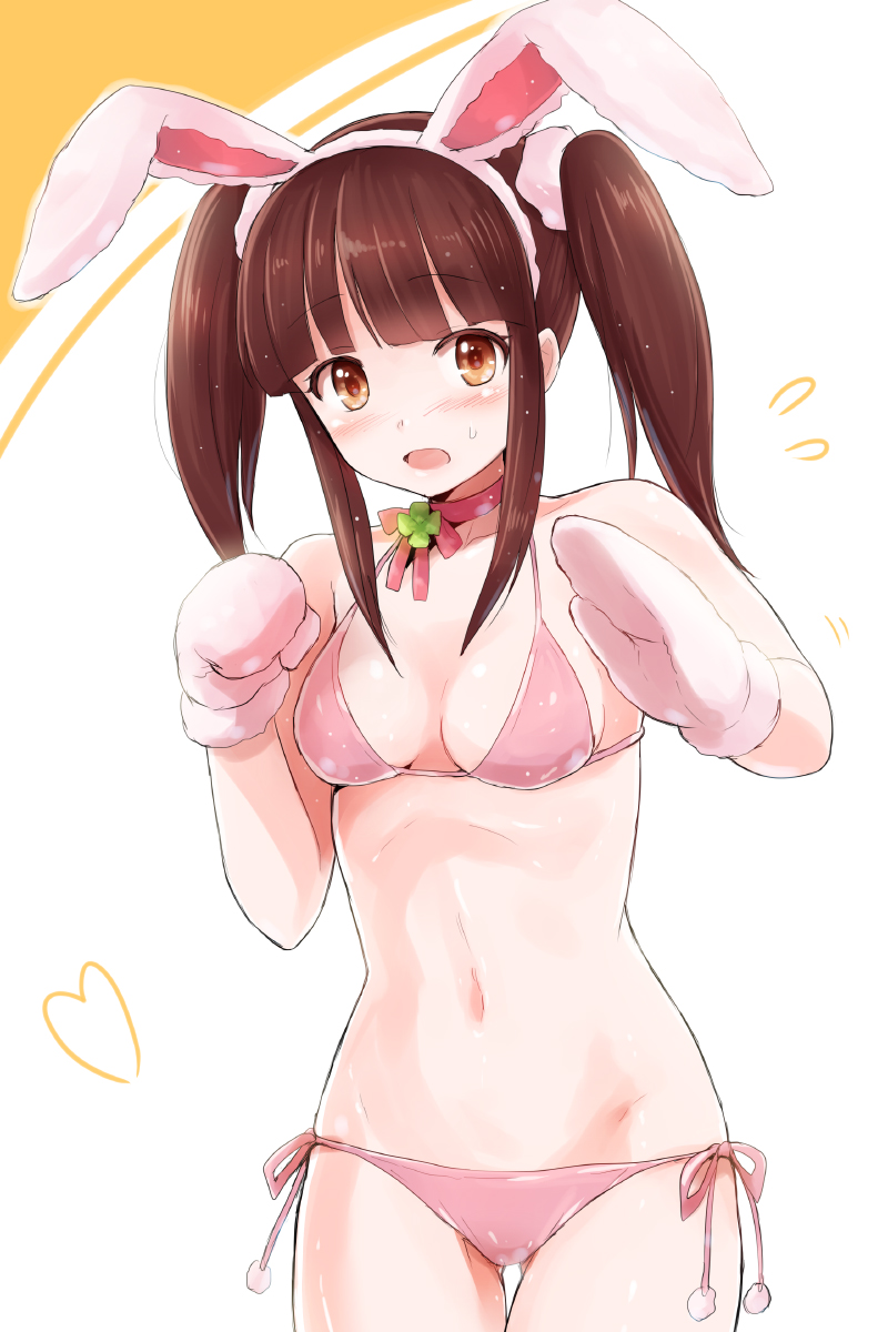 10s, 1girl, animal_ears, bare_shoulders, bikini, blush, breasts, brown_eyes