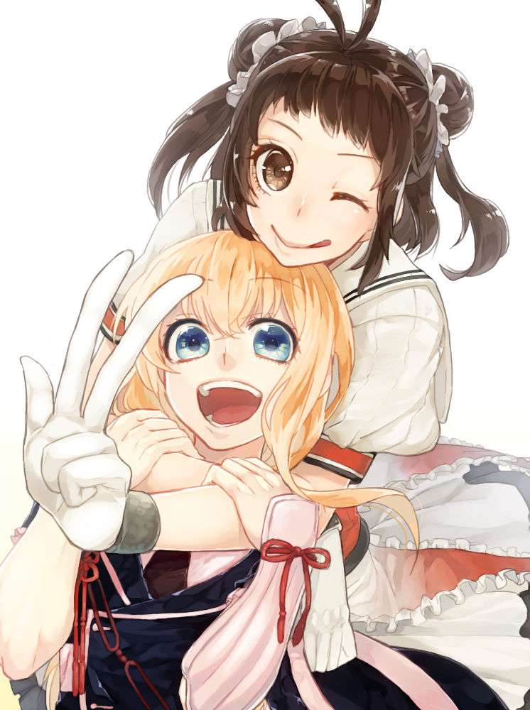 10s, 1boy, 1girl, :d, ;q, antenna_hair, bad_id, bad_pixiv_id