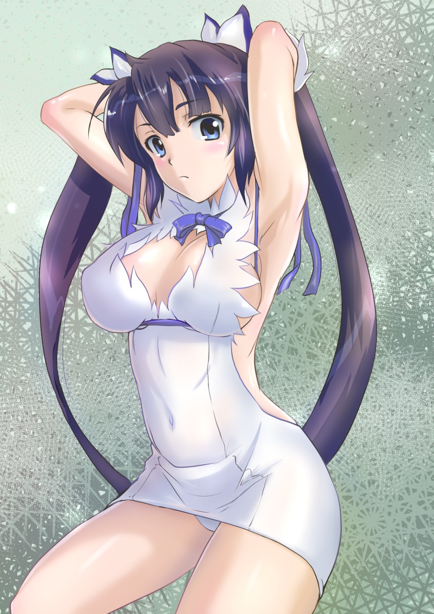 10s, 1girl, arm_ribbon, armpits, arms_behind_head, black_hair, blue_eyes, blue_ribbon