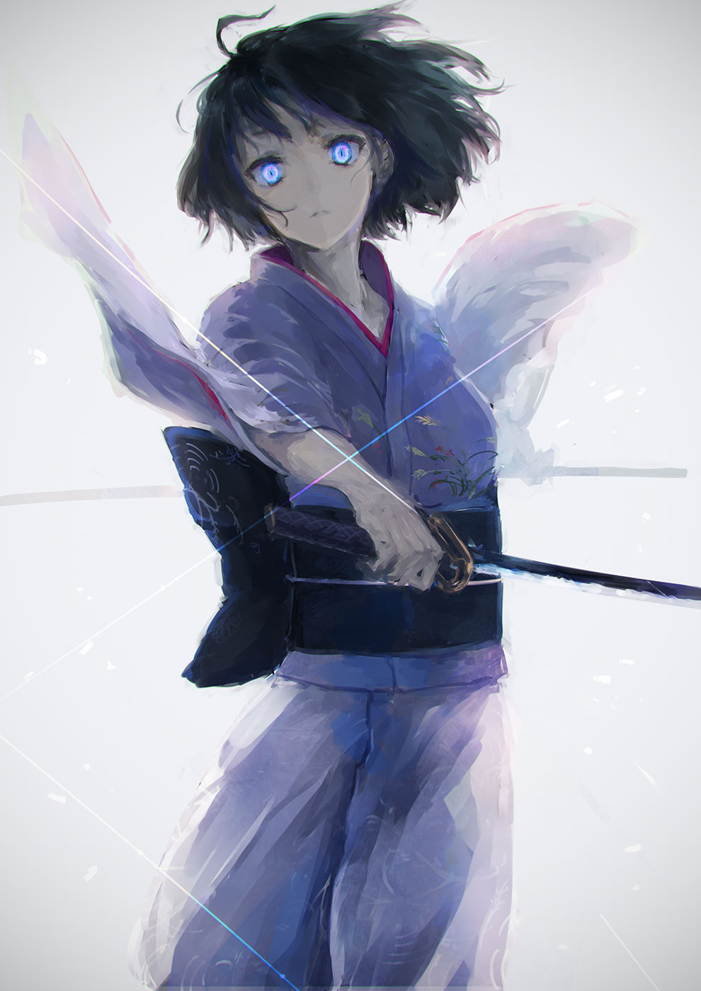 1girl, black_hair, blue_eyes, female_focus, glowing, glowing_eyes, highres, japanese_clothes