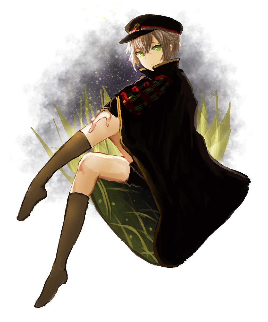 10s, 1boy, cape, full_body, green_eyes, hat, highres, hotarumaru