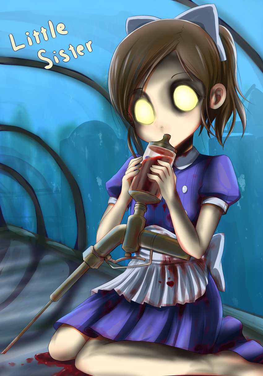 1girl, adam_(bioshock), apron, bioshock_(series), blood, brown_hair, dress, glowing