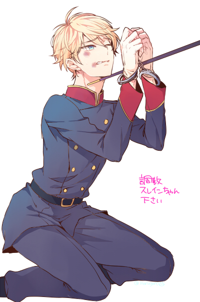 10s, 1boy, aldnoah.zero, blonde_hair, blue_eyes, bruise, cuffs, handcuffs, harugano, injury, male_focus, military, military_uniform, slaine_troyard, solo, stick, wince