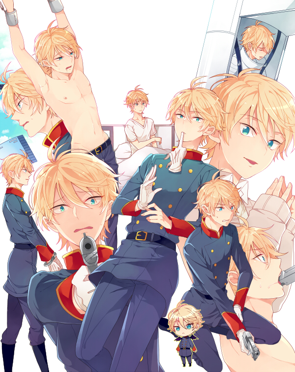 10s, aldnoah.zero, astronaut, blonde_hair, blue_eyes, chibi, cuffs, gun