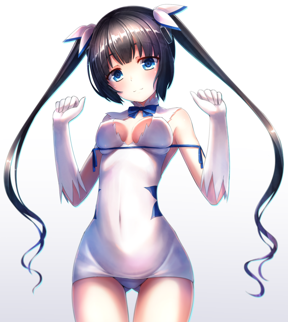 10s, 1girl, arm_ribbon, black_hair, blue_eyes, breasts, cleavage, dress
